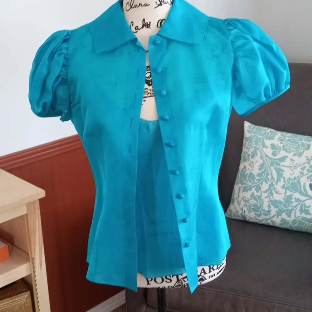 Ralph Lauren purple label women's blouse 100% silk size 6 turquoise color - Picture 3 of 17